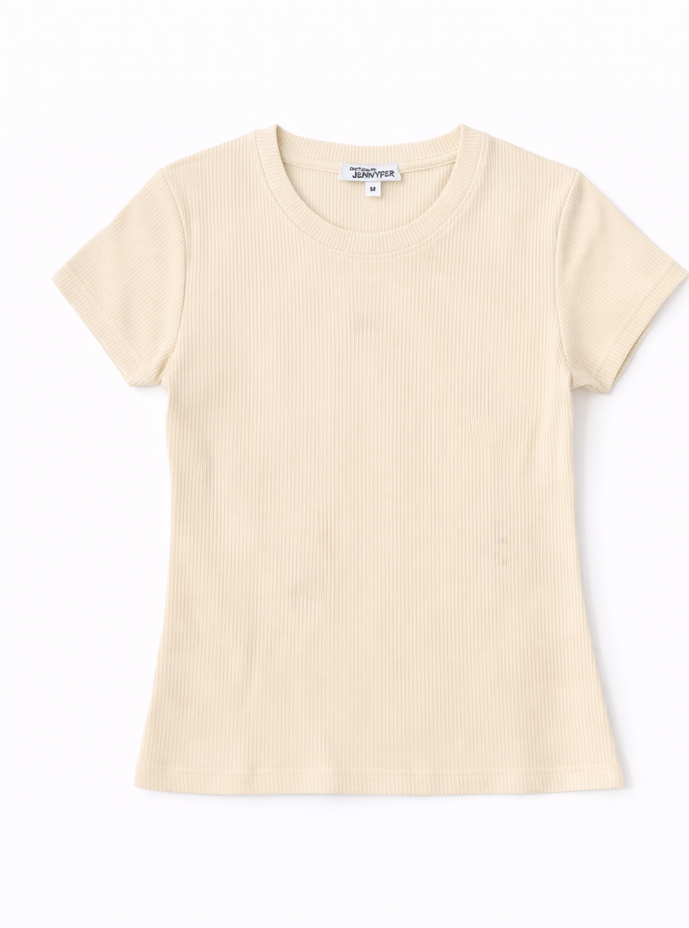 Beige Ribbed Fitted Crop T-Shirt for Women