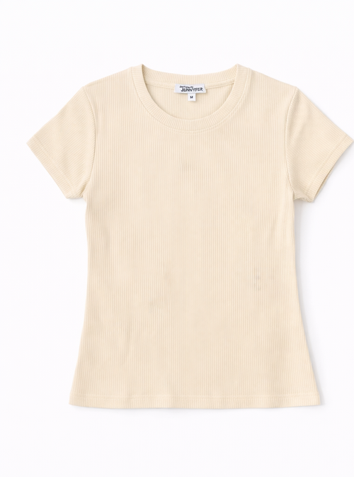 Beige Ribbed Fitted Crop T-Shirt for Women