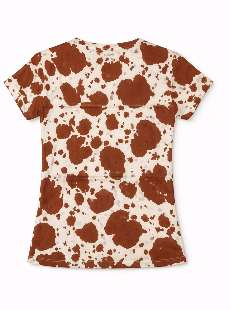 Brown & Cream Cow Print Mid-Length Crop T-Shirt for Women