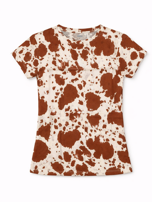 Brown & Cream Cow Print Mid-Length Crop T-Shirt for Women