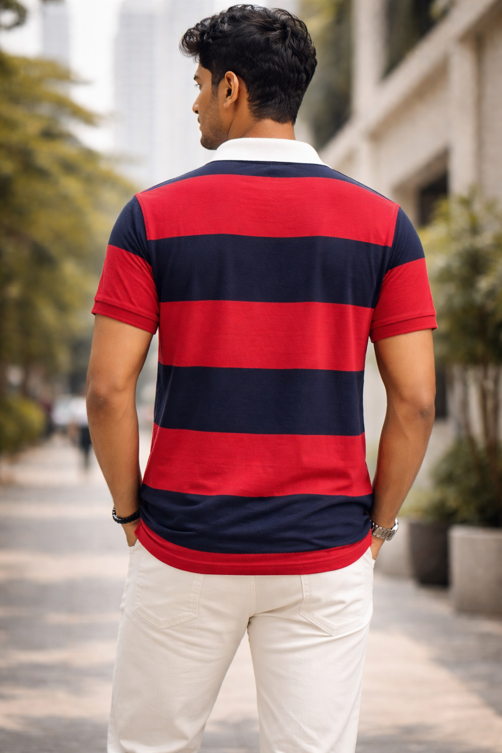 Aéropostale "Aero NY" Vertical Graphic Rugby Polo – Red & Navy Striped