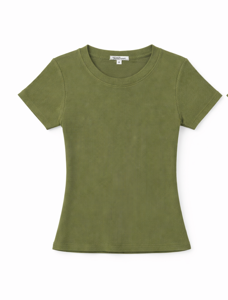 Olive Green Ribbed Cotton T-Shirt for Women | Slim Fit Everyday Essential