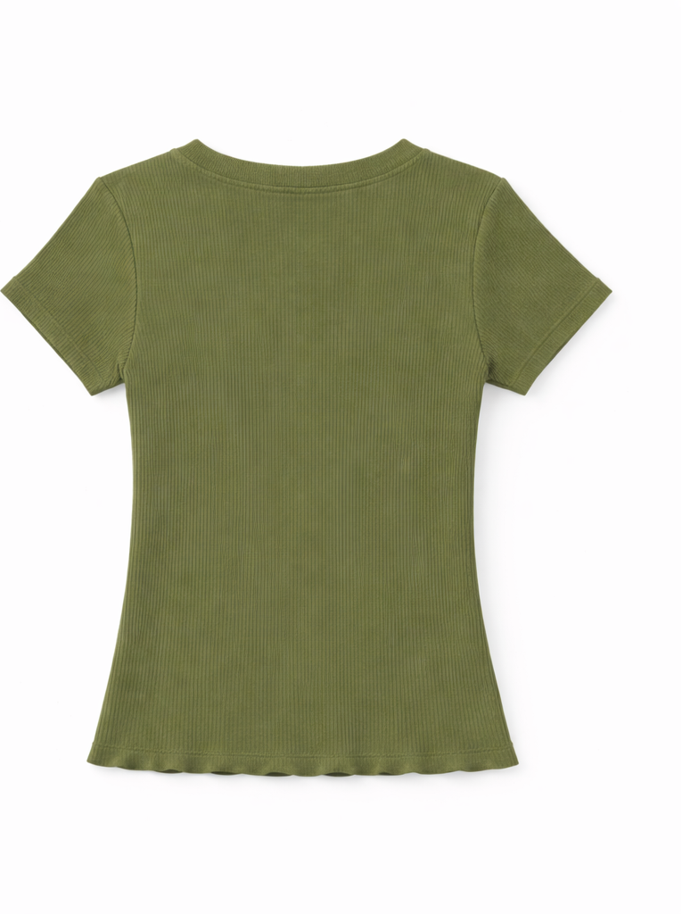 Olive Green Ribbed Cotton T-Shirt for Women | Slim Fit Everyday Essential