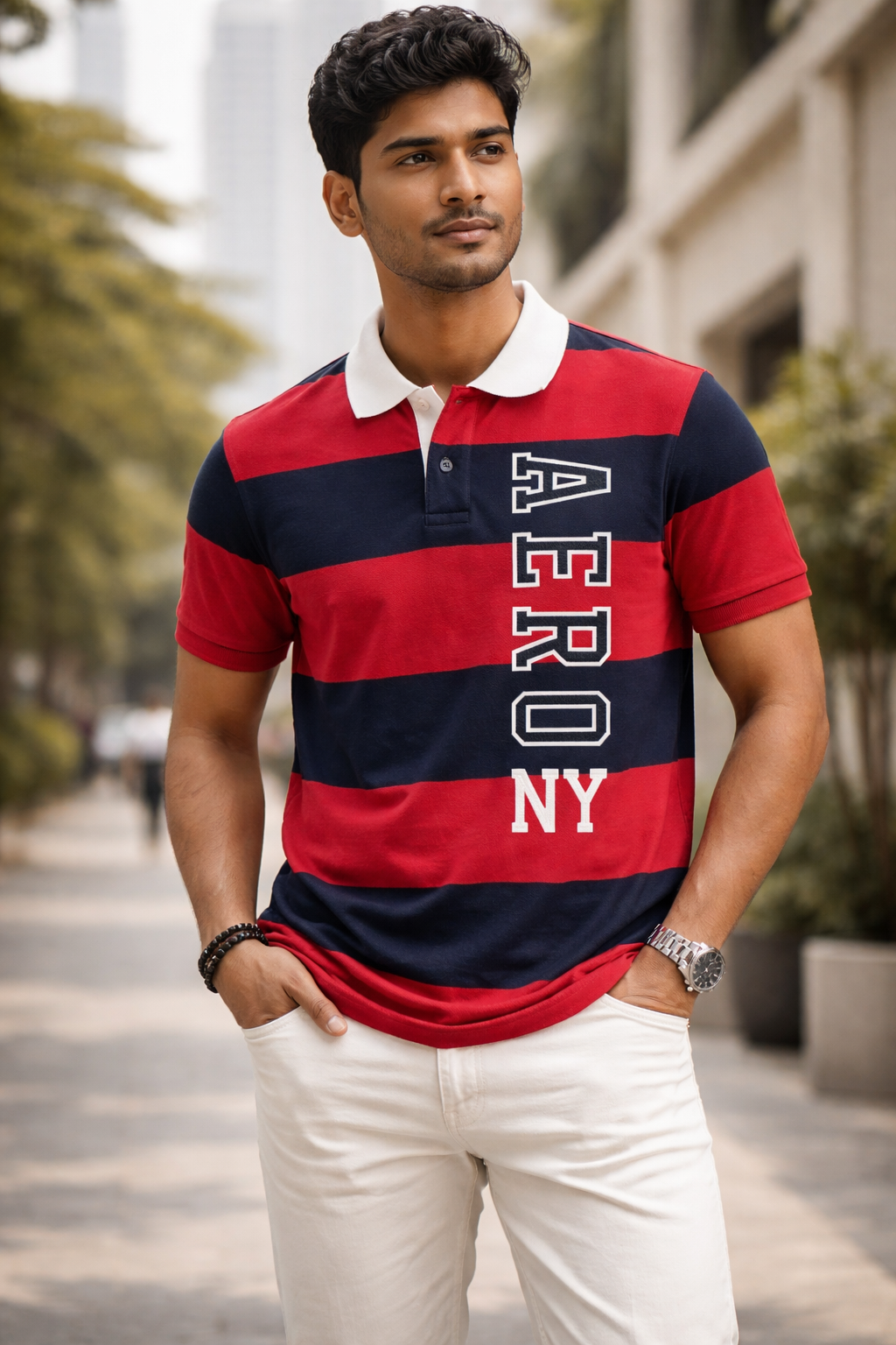 Aéropostale "Aero NY" Vertical Graphic Rugby Polo – Red & Navy Striped