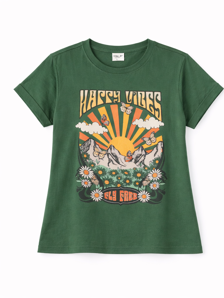 Happy Vibes Graphic T-Shirt – Forest Green Crop Top