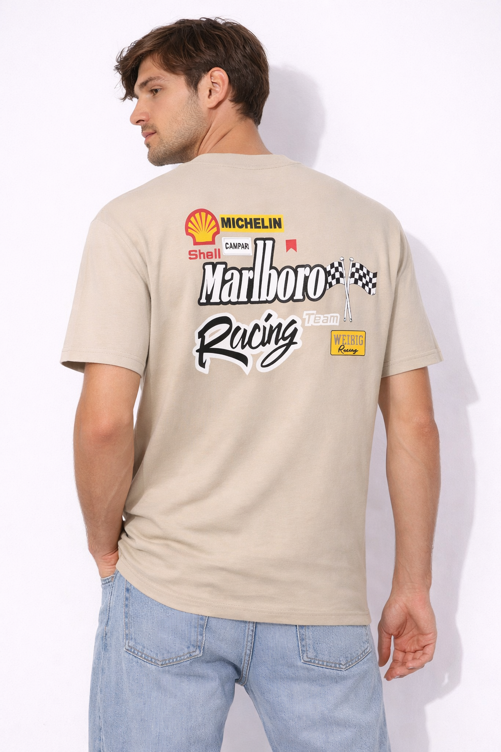 Men’s Beige Racing Graphic T-Shirt | Premium Streetwear Tee