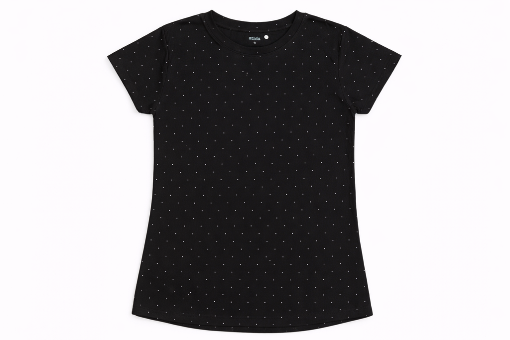 Black Polka Dot Cotton T-Shirt for Women | Soft Slim Fit Tee