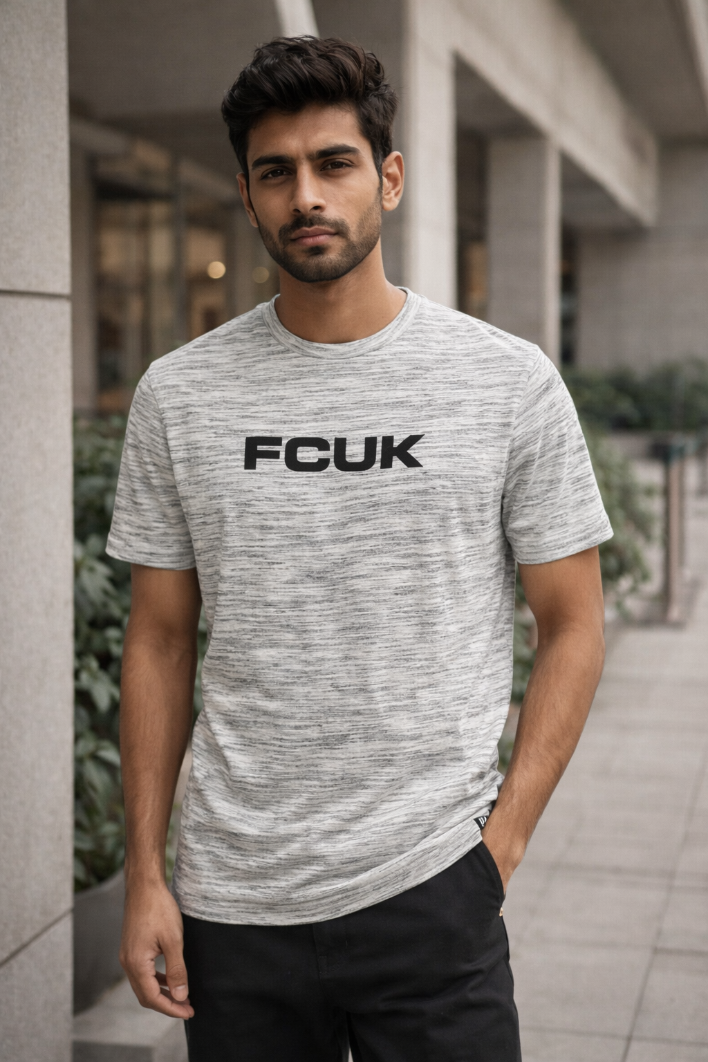 French Connection "FCUK" Slub Knit Tee – Heather Grey Minimalist T-Shirt