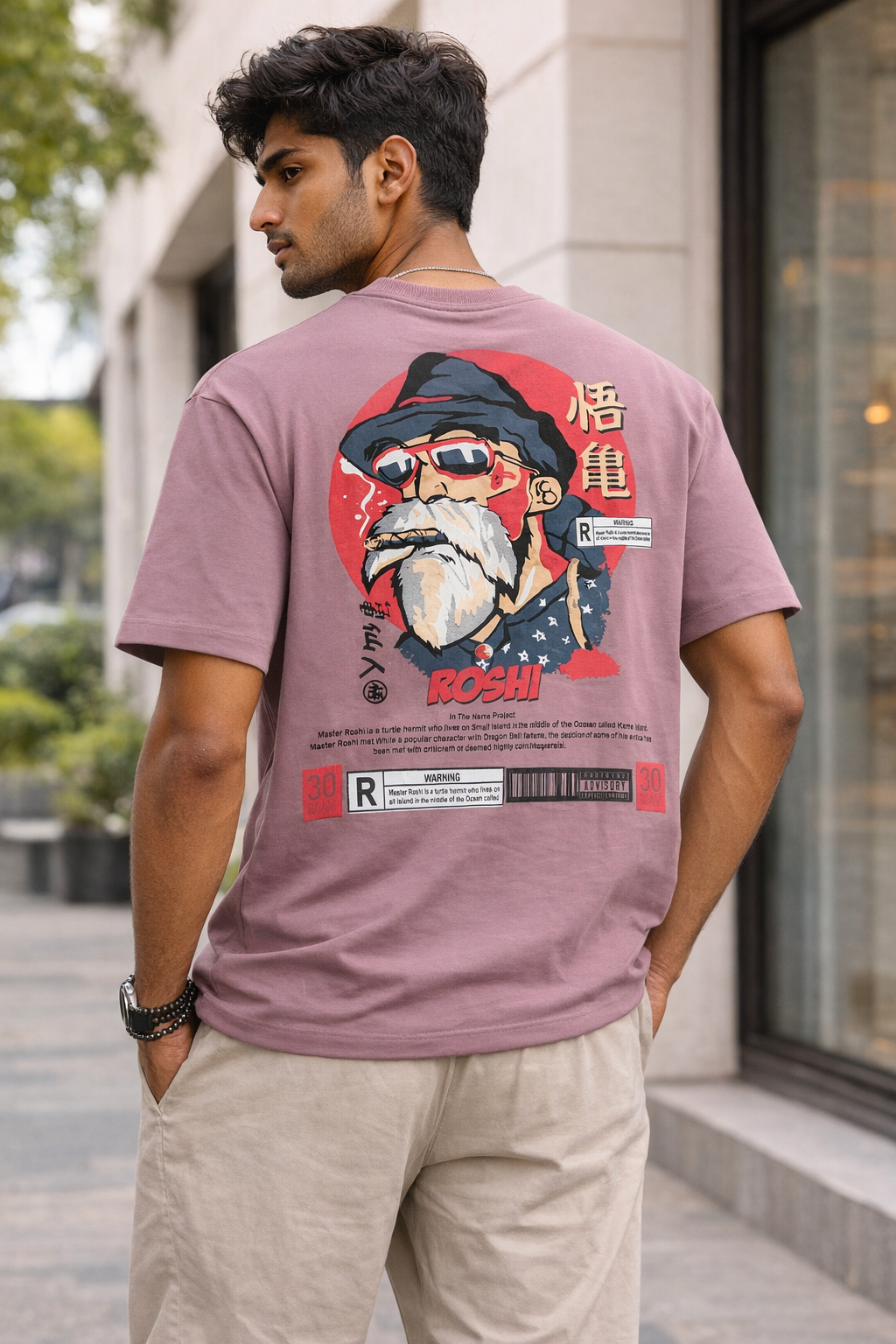 Master Roshi "Turtle Hermit" Drop Shoulder Streetwear Tee – Mauve Graphic Oversized T-Shirt
