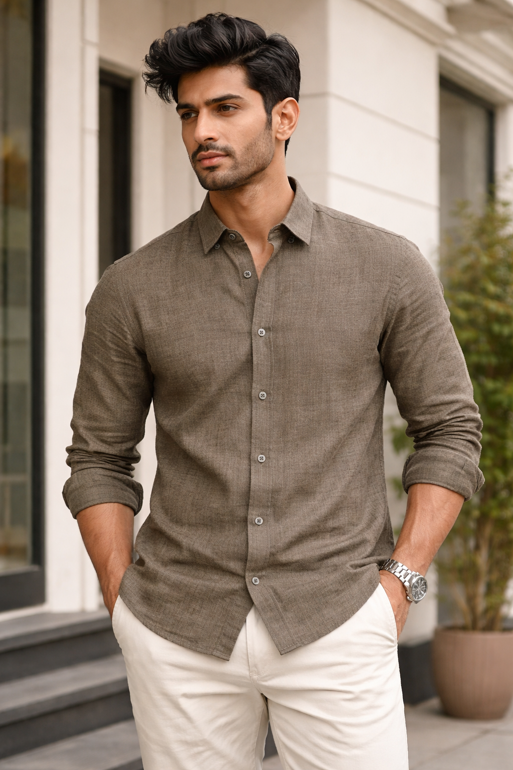Jack Club Premium Taupe Long Sleeve Casual Shirt