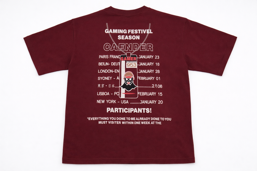 "Gamer Season Calendar" Drop Shoulder Streetwear Tee – Maroon Graphic T-Shirt
