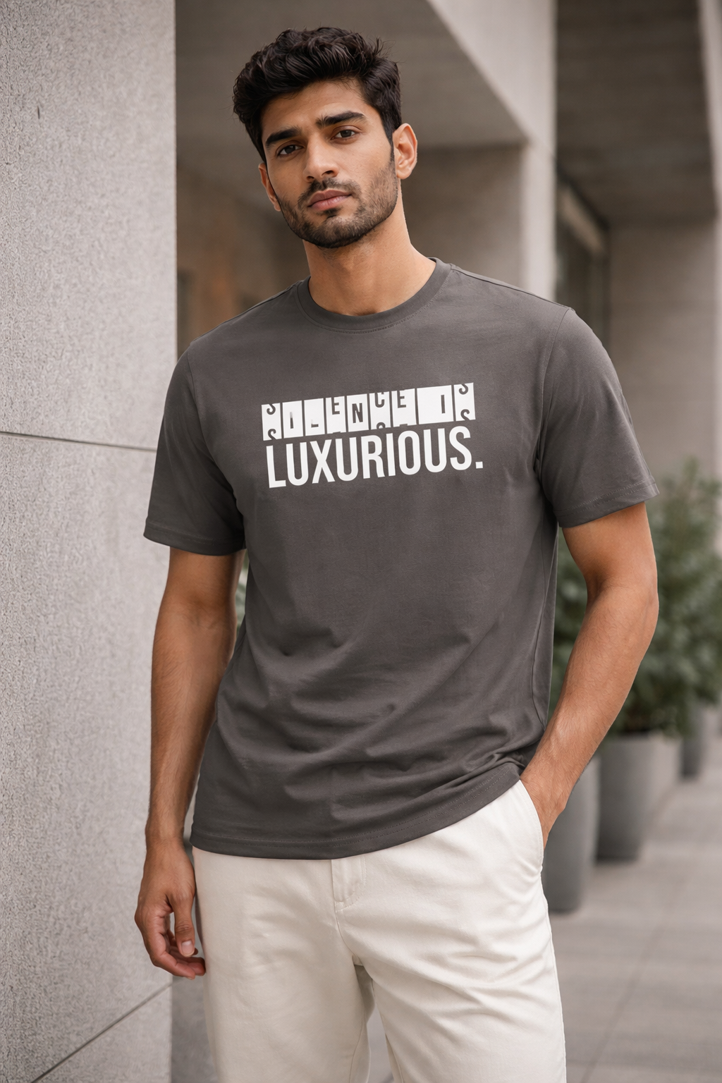 "SILENCE IS LUXURIOUS" Graphic Tee – Charcoal Grey Minimalist T-Shirt