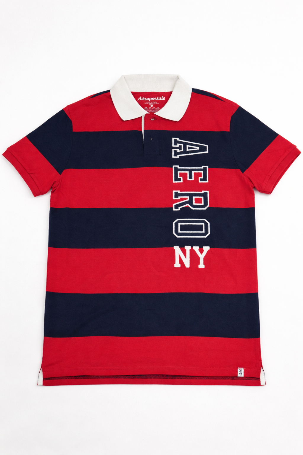 Aéropostale "Aero NY" Vertical Graphic Rugby Polo – Red & Navy Striped