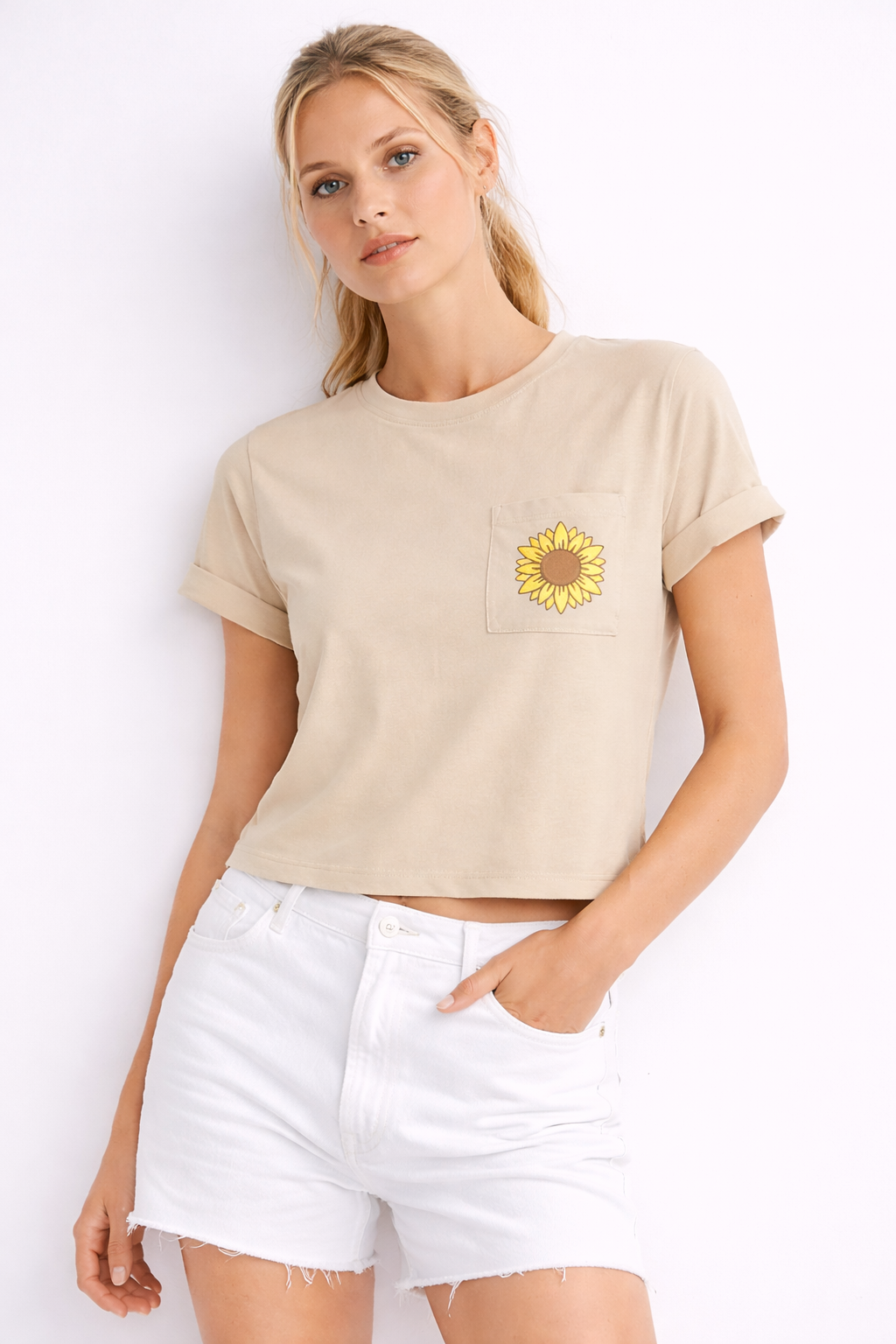 Sunflower Graphic Crop Top T-Shirt – Beige