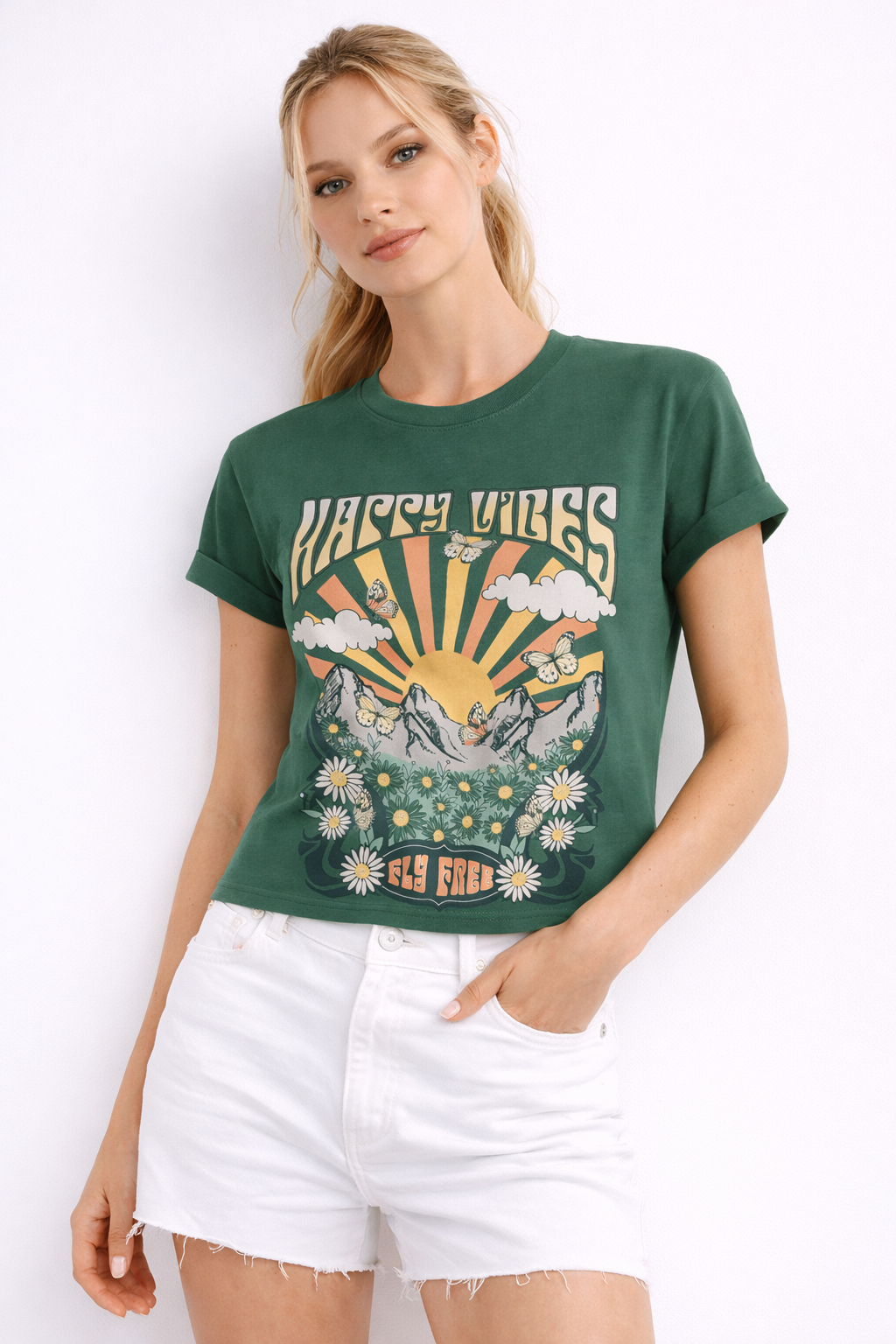 Happy Vibes Graphic T-Shirt – Forest Green Crop Top
