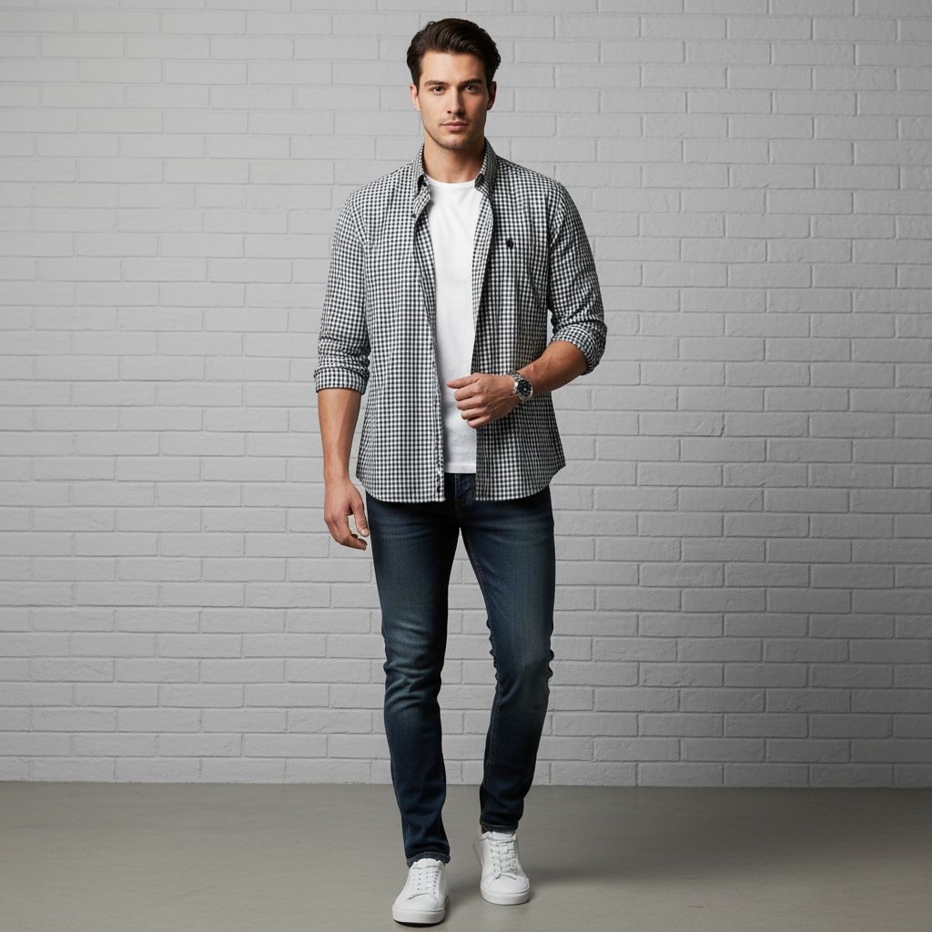 Men’s Slim Fit Black & White Micro Checkered Casual Shirt