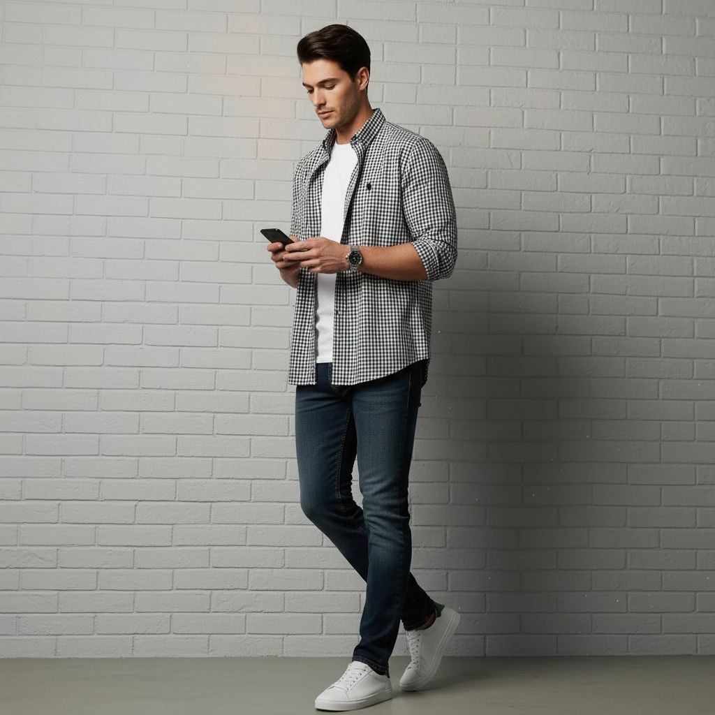 Men’s Slim Fit Black & White Micro Checkered Casual Shirt