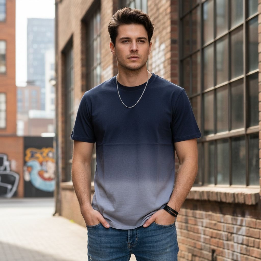 Men Navy Blue & Grey Ombre T-shirt