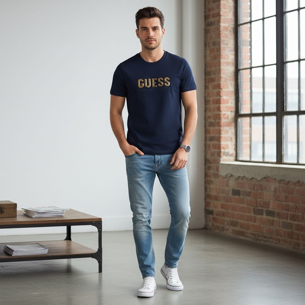 Men’s GUESS Navy Blue Logo Printed T-Shirt