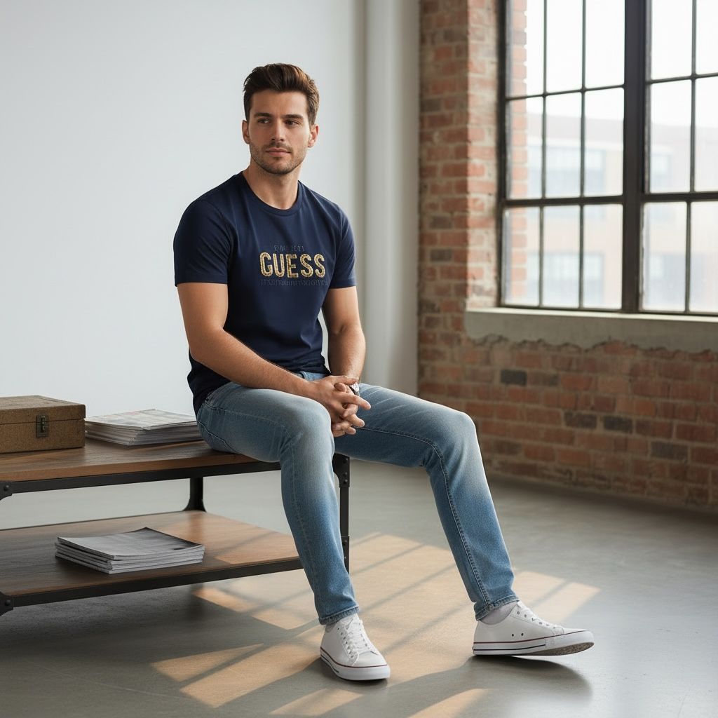 Men’s GUESS Navy Blue Logo Printed T-Shirt