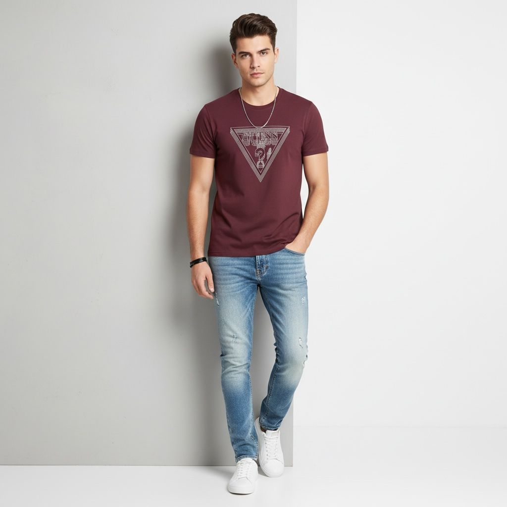 Men’s GUESS Maroon Graphic Printed T-Shirt
