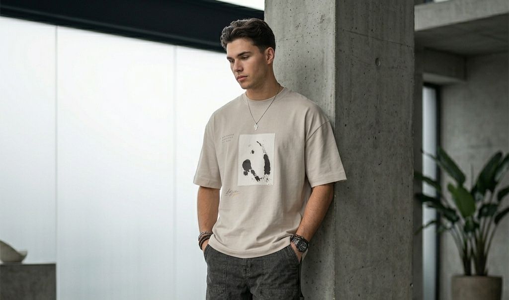 Men’s Beige Graphic Printed Oversized T-Shirt