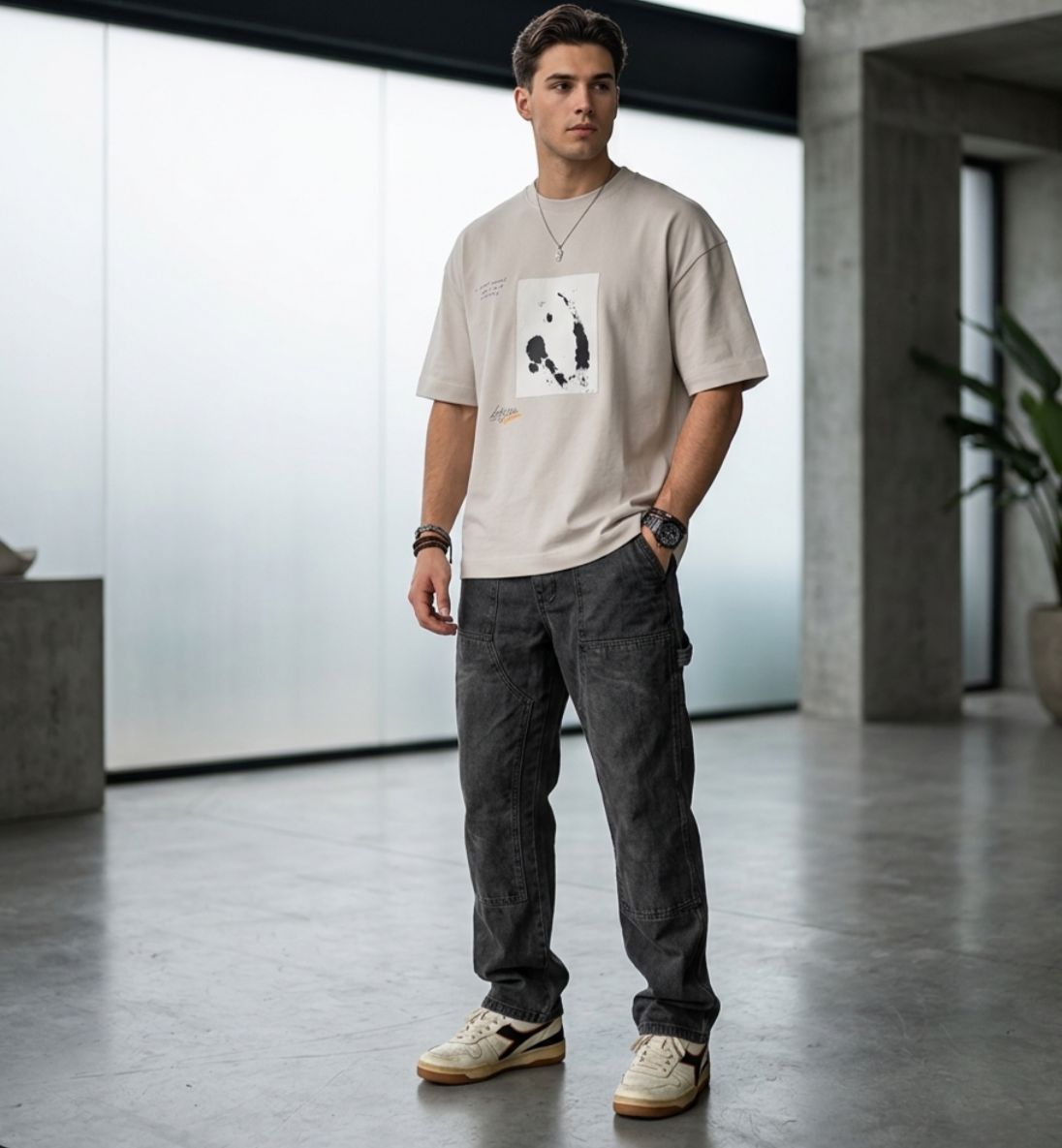 Men’s Beige Graphic Printed Oversized T-Shirt