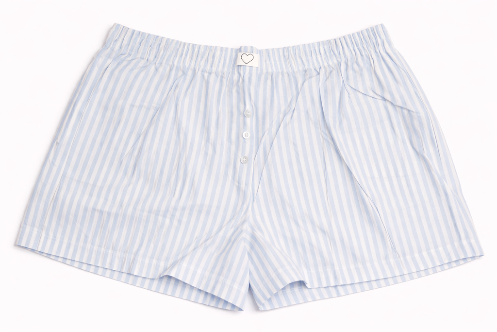 Light Blue Striped Cotton Lounge Shorts for Women | Soft Elastic Waist