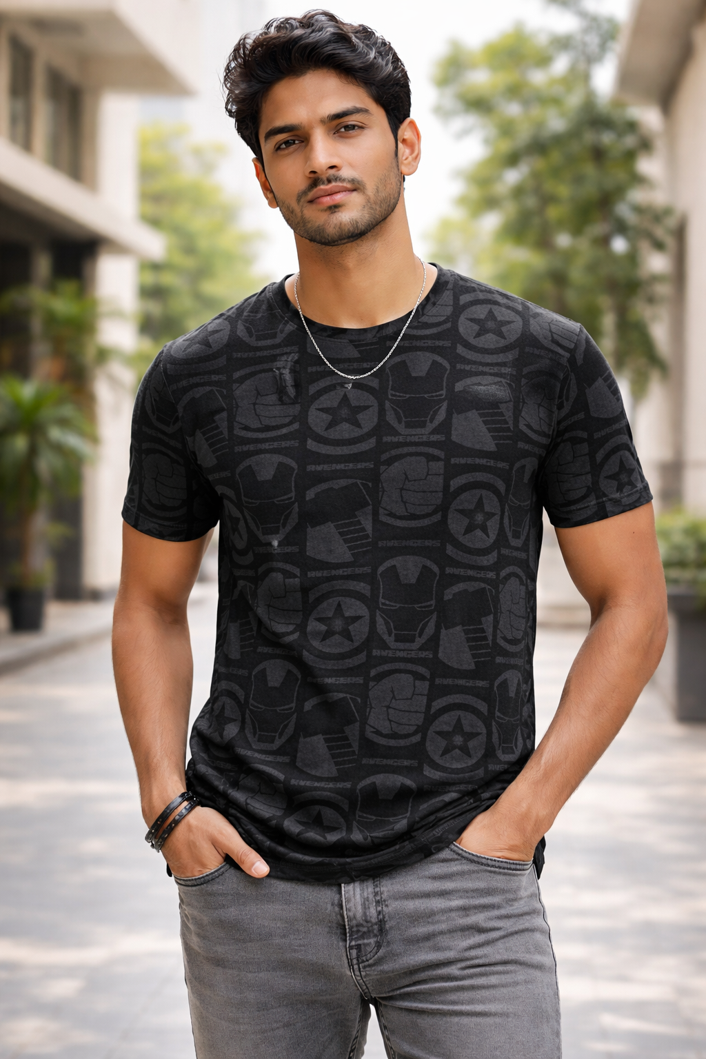 Marvel Avengers "Icon Grid" Graphic Tee – Charcoal Grey All-Over Print T-Shirt