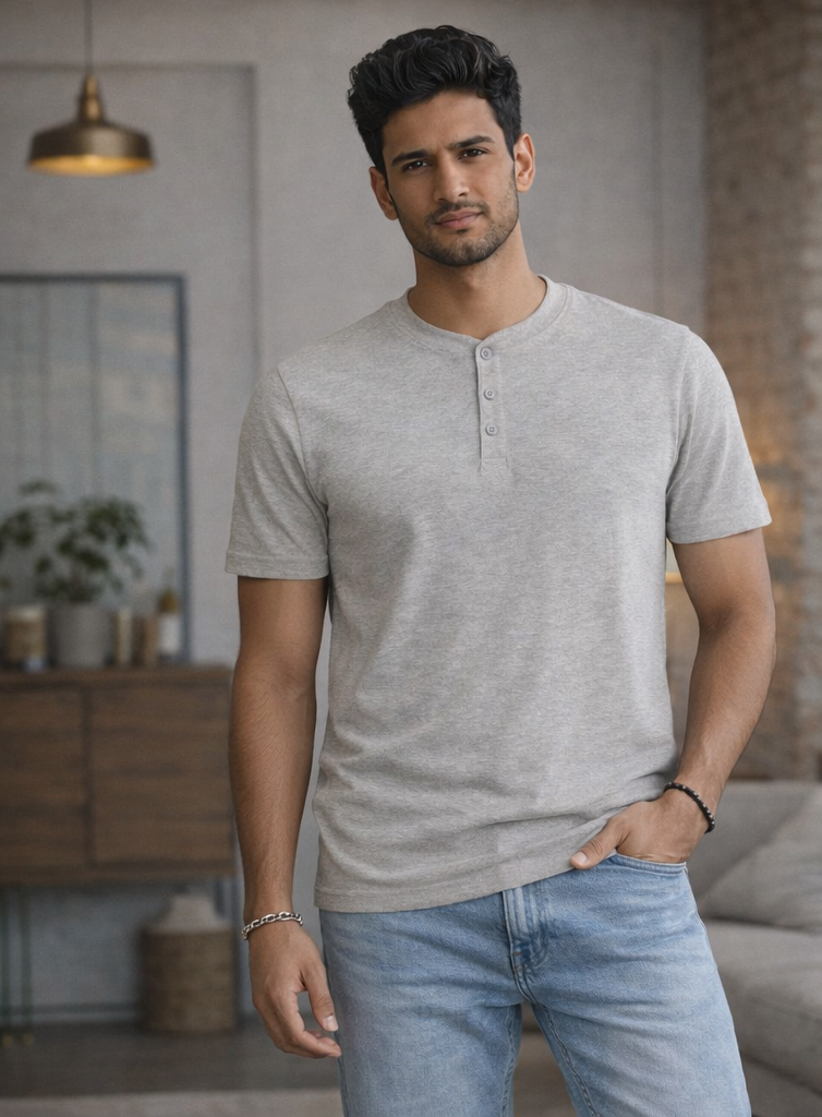 Men's Classic Henley T-Shirt – Light Grey Marl – Styli Edition