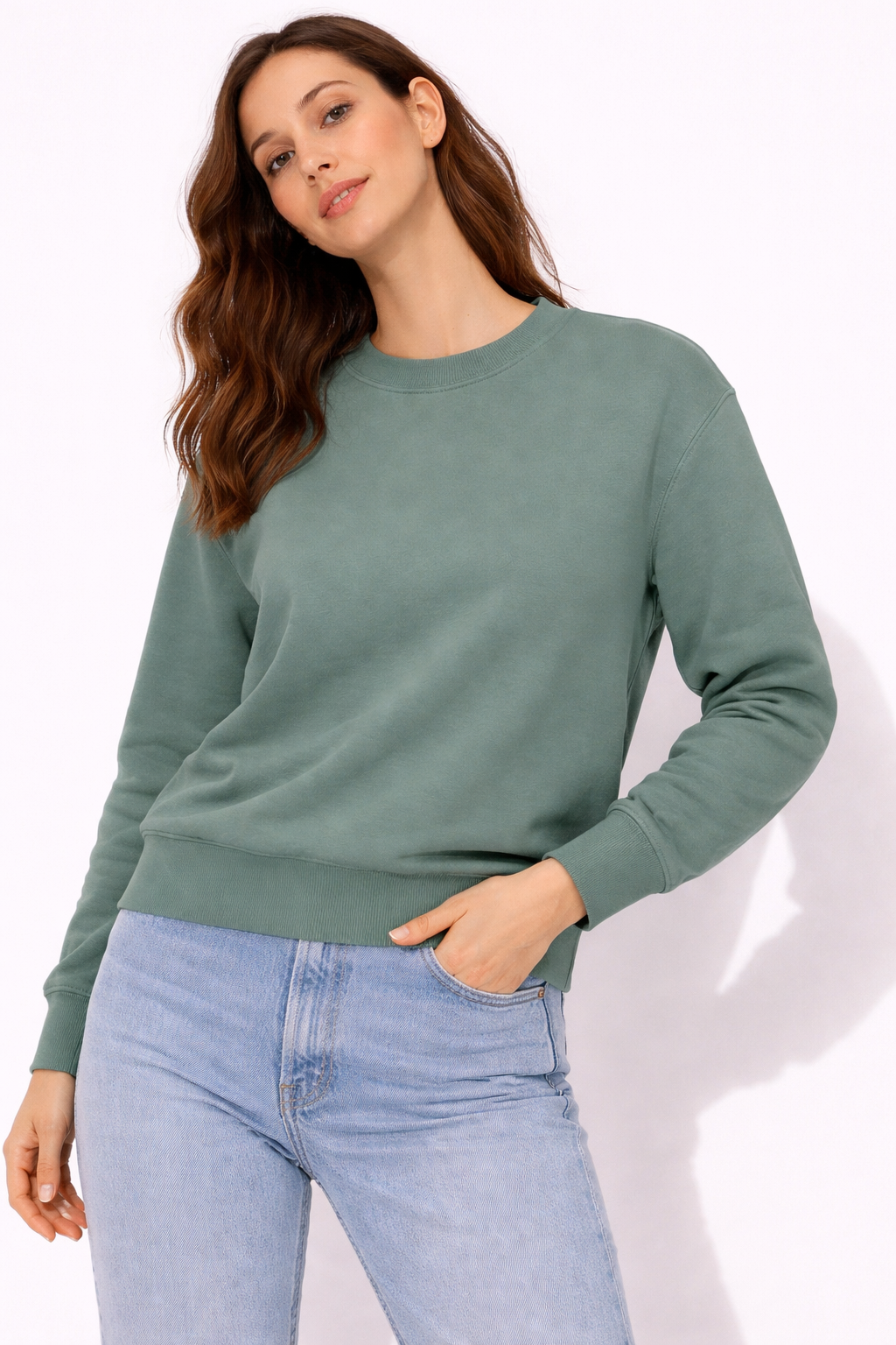 Sage Green Cotton Fleece Sweatshirt for Women | Relaxed Everyday Fit