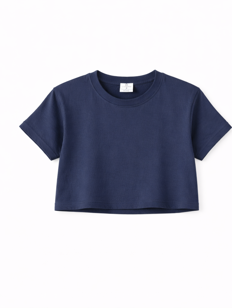 Solid Black and Navy Blue Mid-Length Crop T-Shirts for Women
