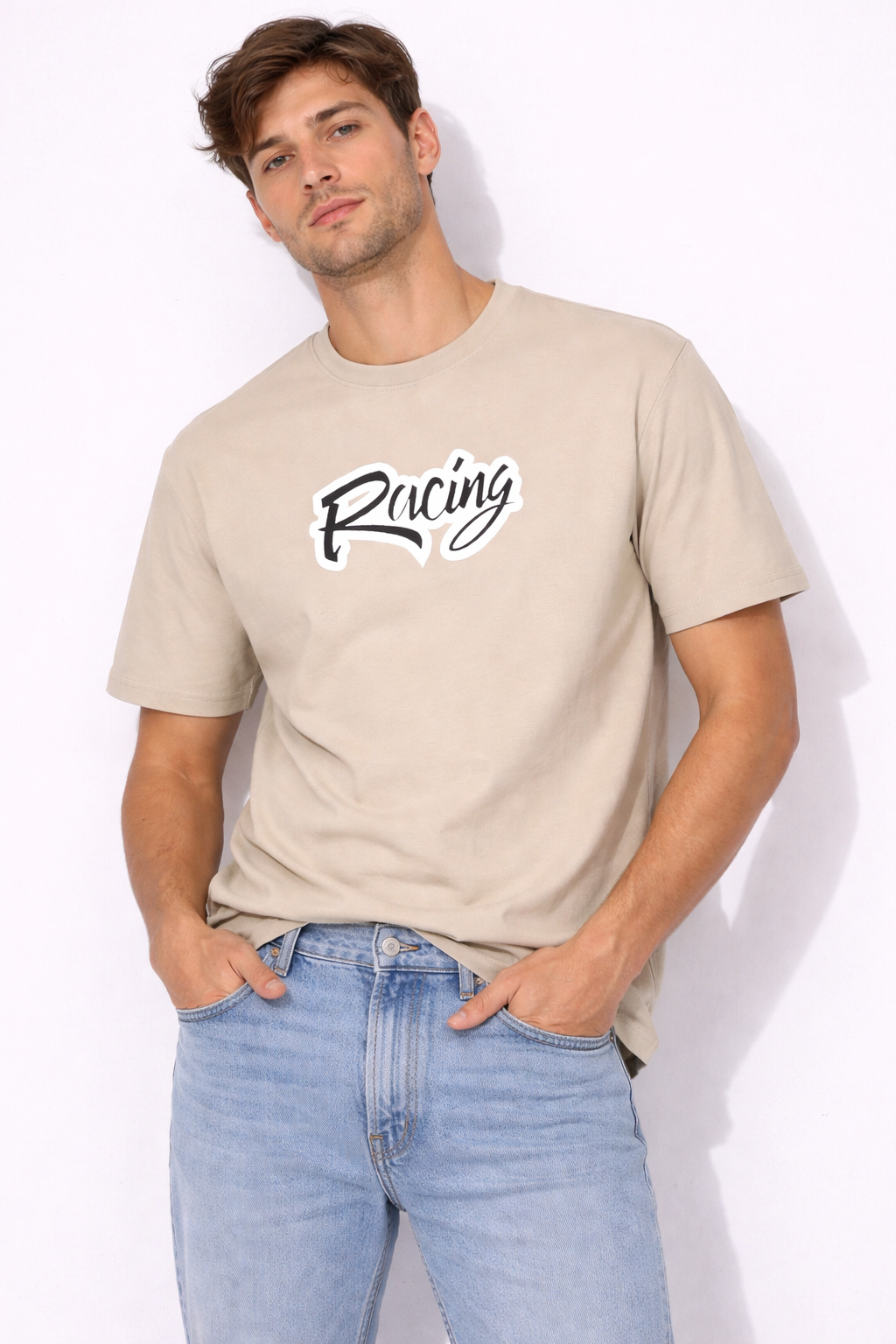 Men’s Beige Racing Graphic T-Shirt | Premium Streetwear Tee