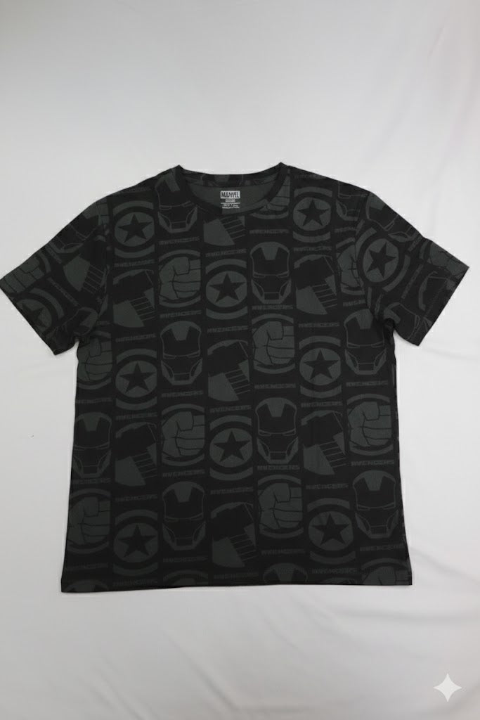 Marvel Avengers "Icon Grid" Graphic Tee – Charcoal Grey All-Over Print T-Shirt