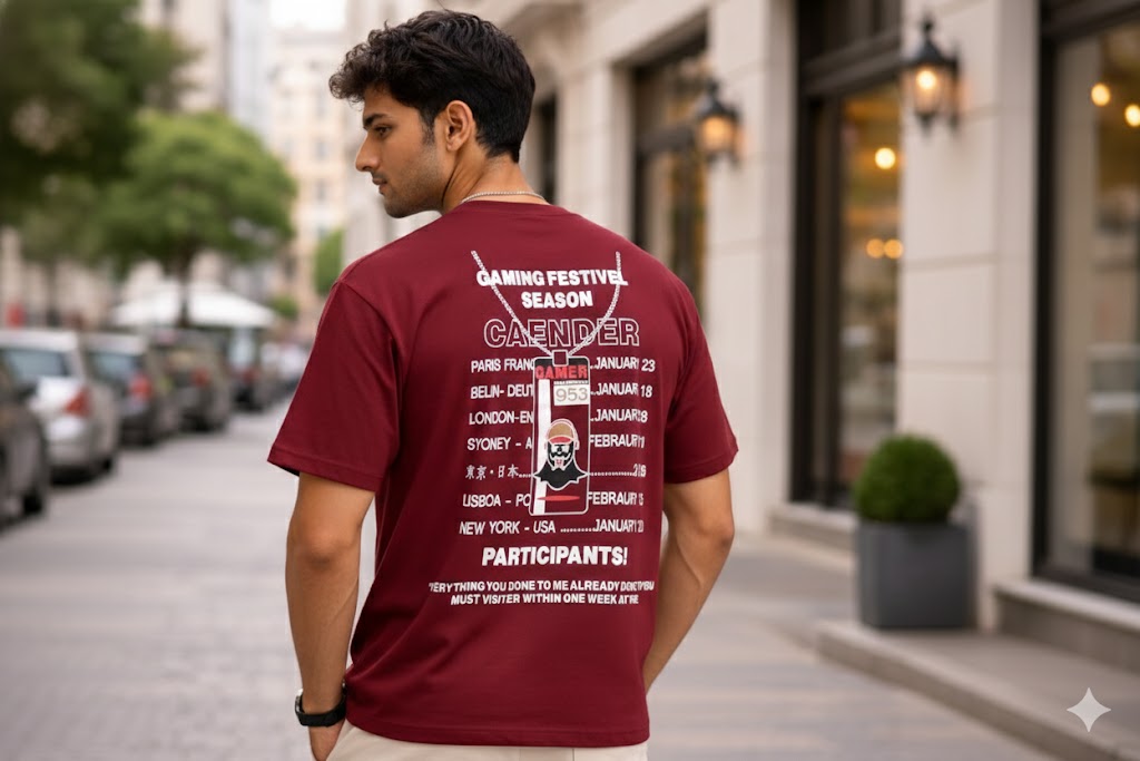 "Gamer Season Calendar" Drop Shoulder Streetwear Tee – Maroon Graphic T-Shirt